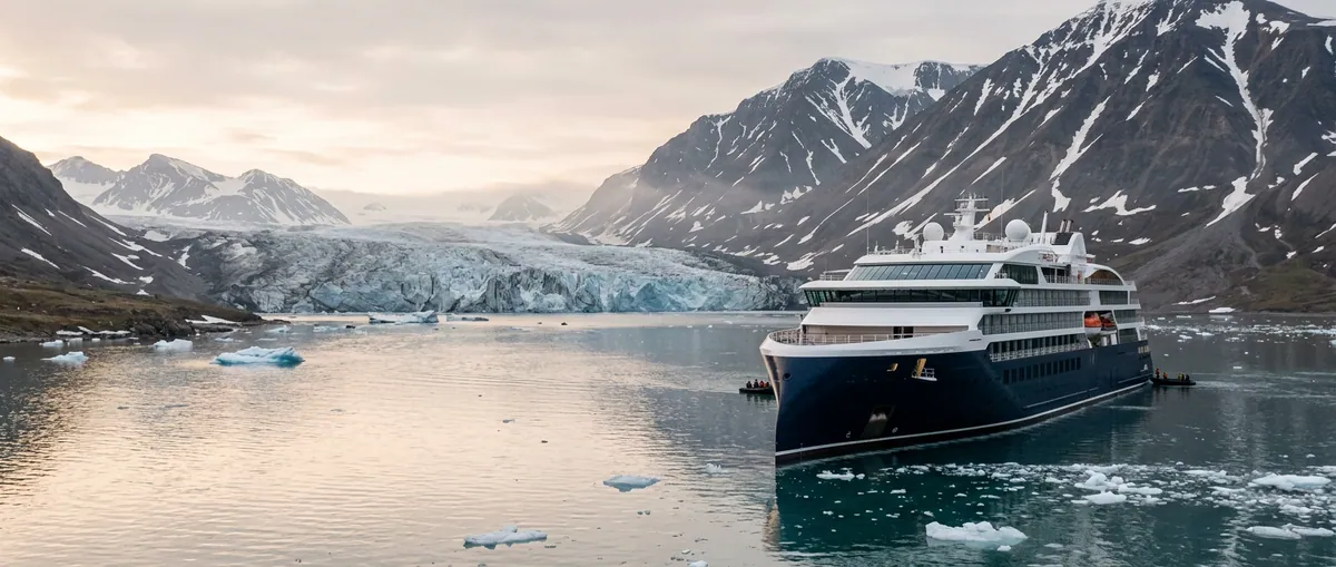 A small vessel anchored off the Svalbard coast on an Arctic expedition cruise